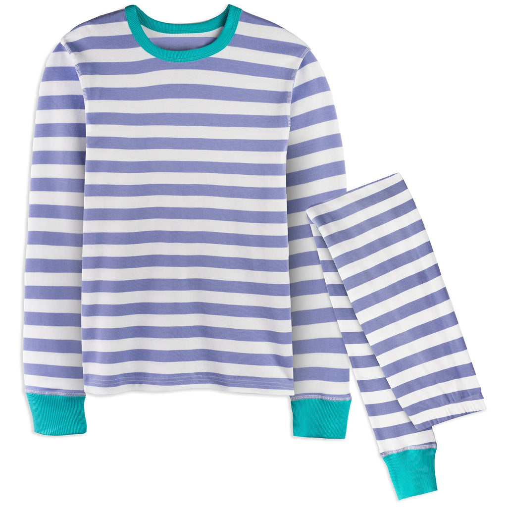 Get cozy in our stylish pajamas for adults with periwinkle stripes - Perfect for parents