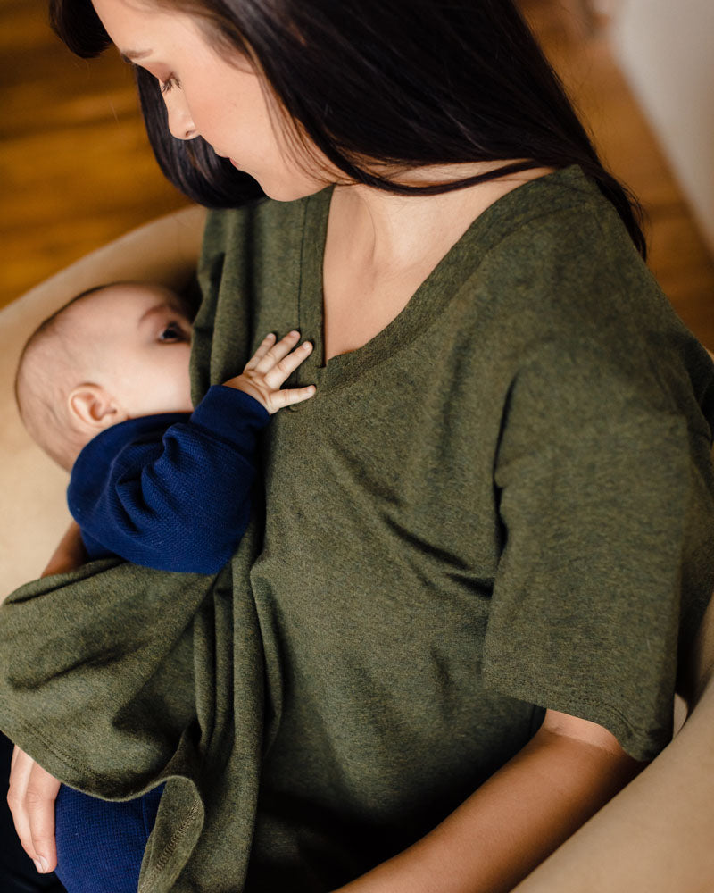 Heather green maternity shirt for nursing mothers in a stylish design