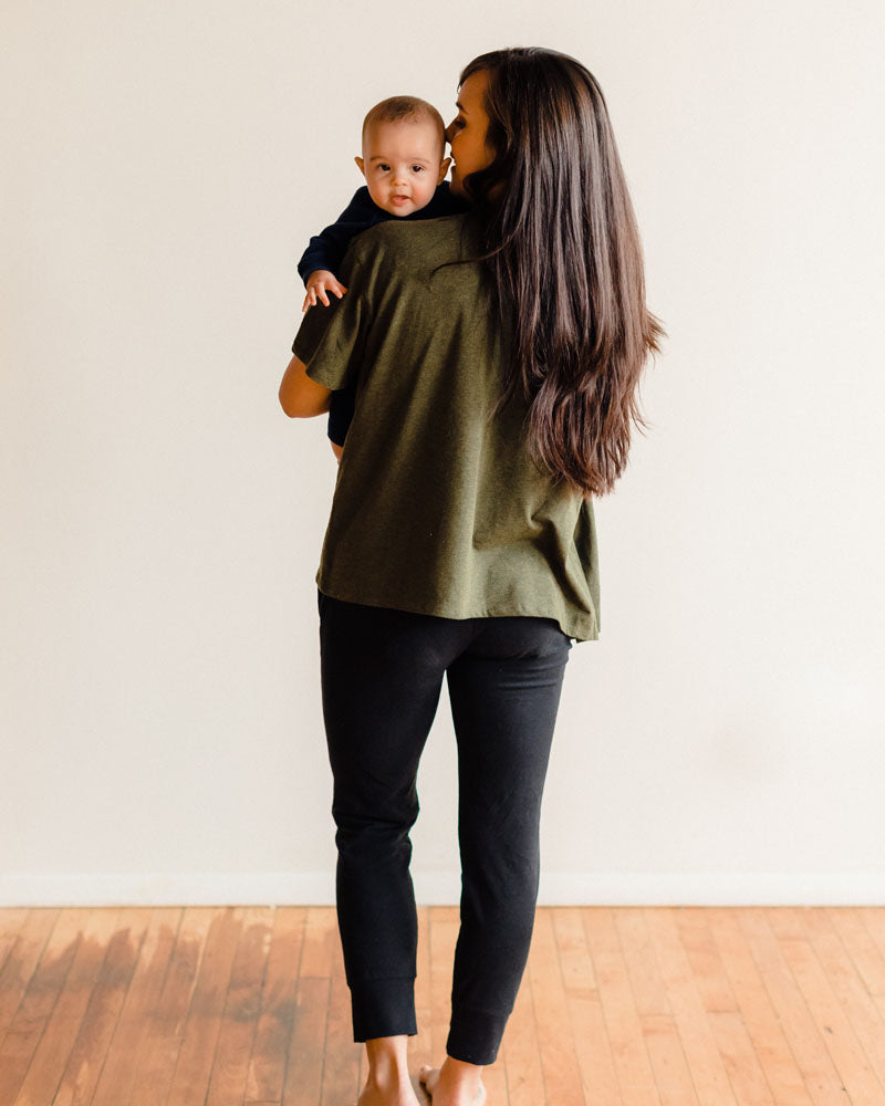 Heather green maternity shirt for nursing mothers, offering both style and functionality